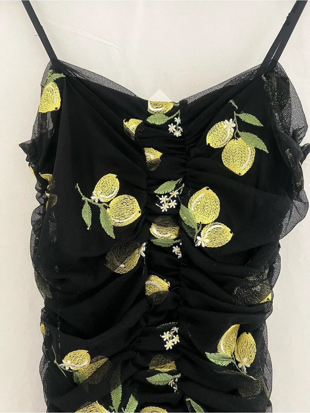 NWT ZARA Black Embroidered Lemon Fruit  Tulle Draped BodyCon Mini Dress Small